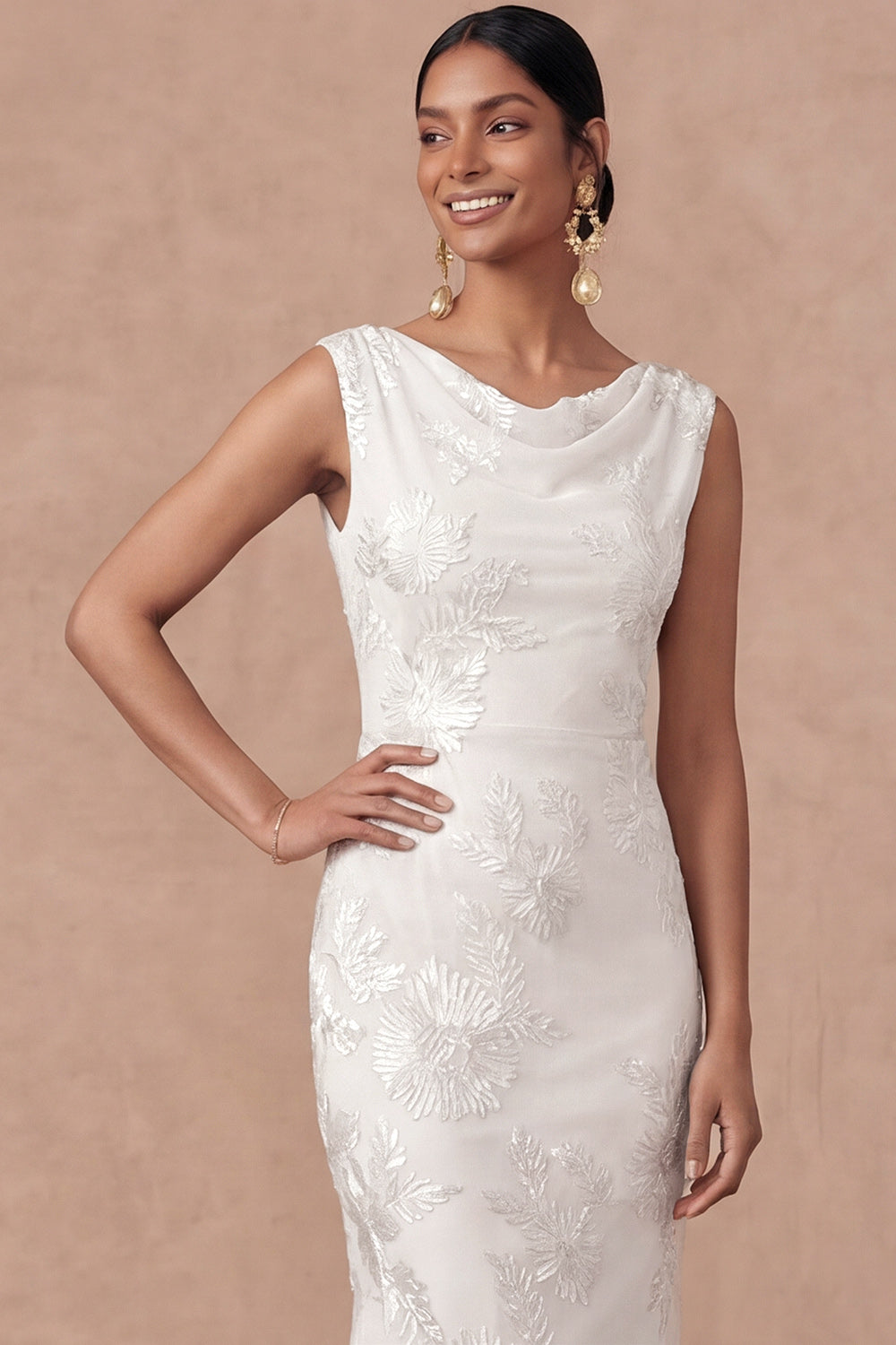 Light Blue Cowl Neck Sheath Embroidered Maxi Wedding Guest Dress with Slit