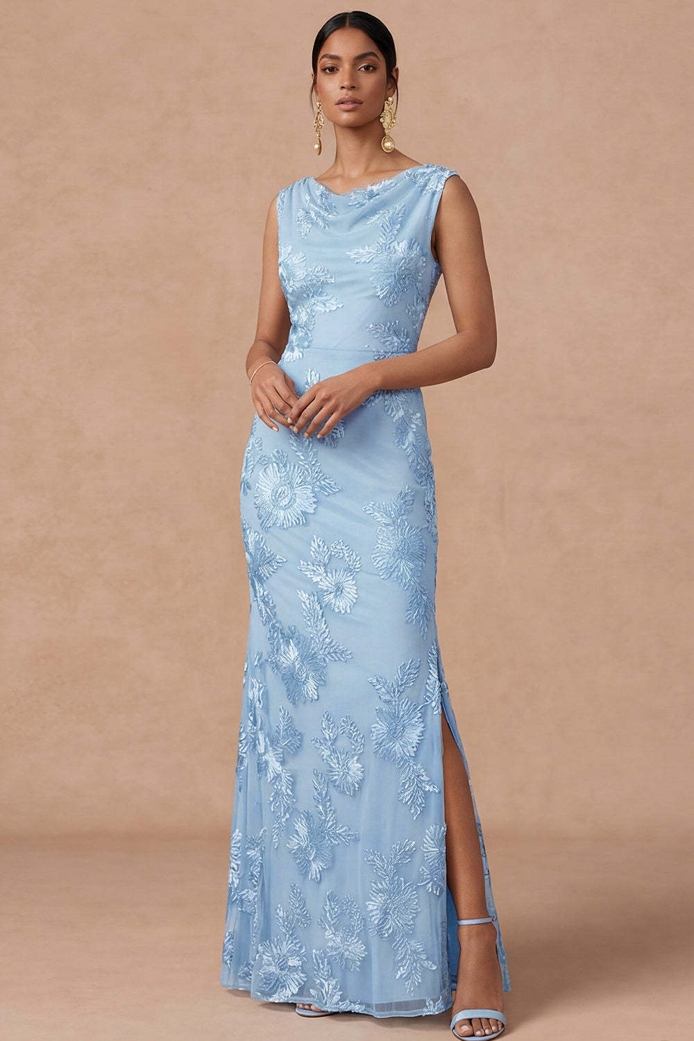 Light Blue Cowl Neck Sheath Embroidered Maxi Wedding Guest Dress with Slit