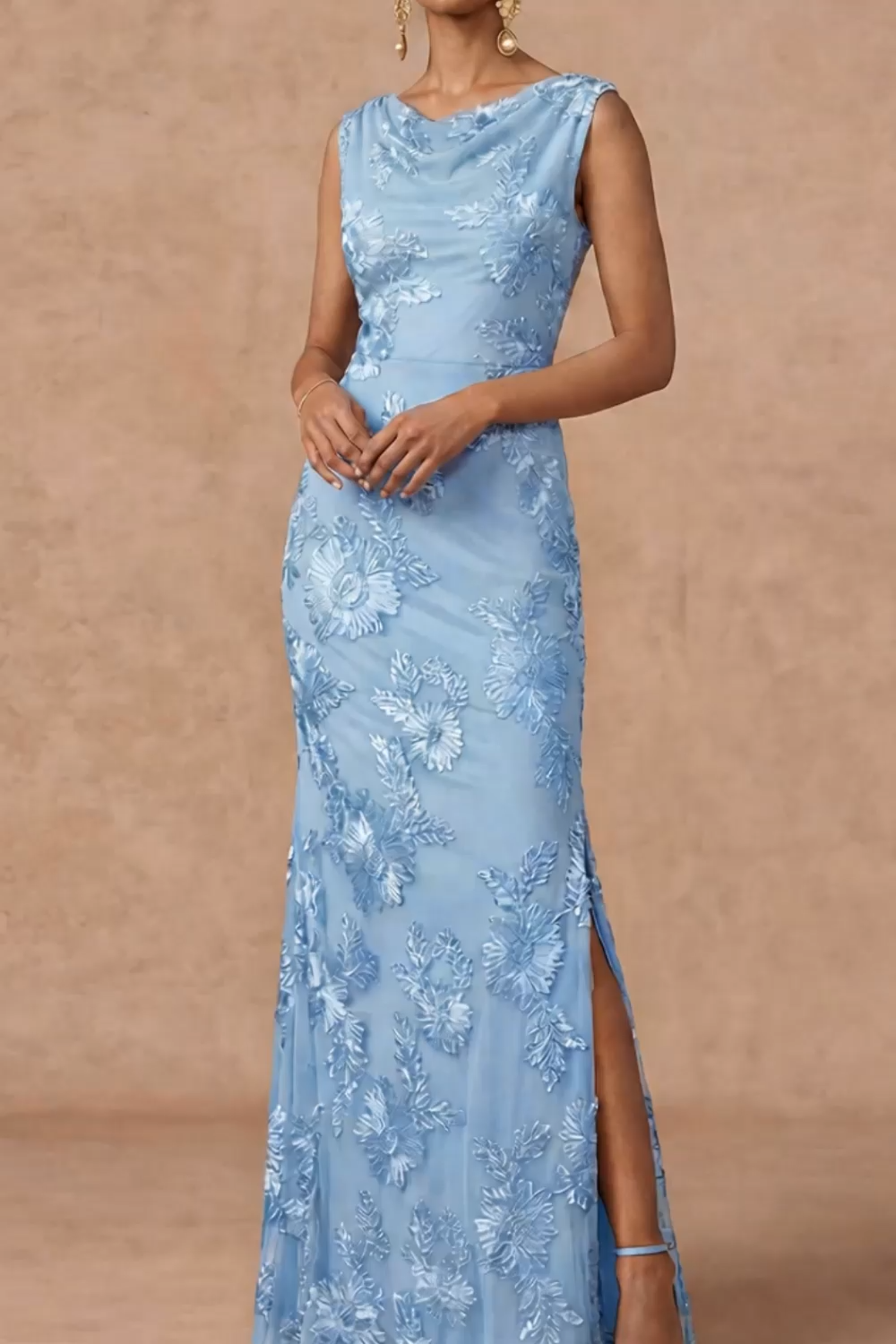 Light Blue Cowl Neck Sheath Embroidered Maxi Wedding Guest Dress with Slit