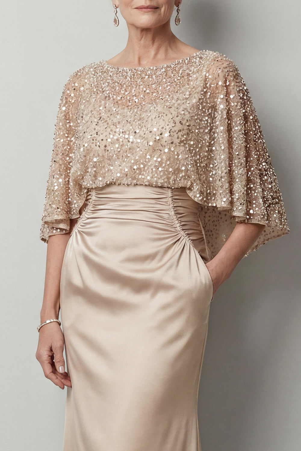 Sparkly Sequined Champagne Satin Mermaid Long Mother of the Bride Dress