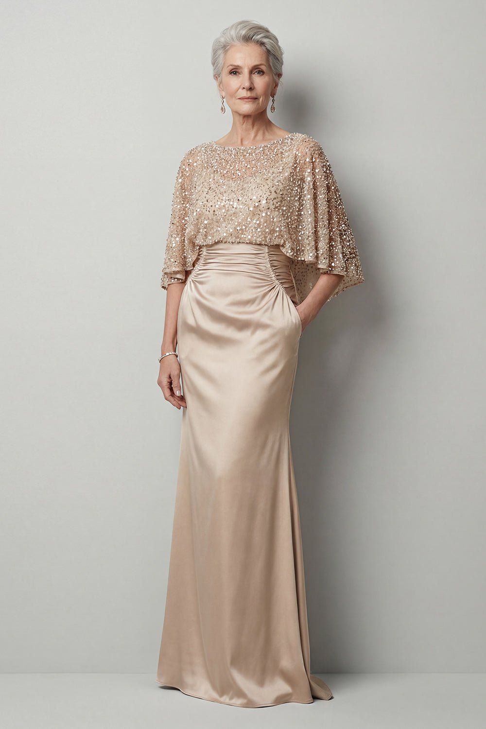 Sparkly Sequined Champagne Satin Mermaid Long Mother of the Bride Dress