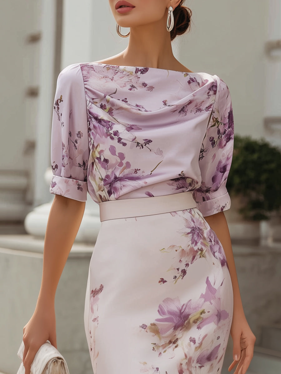 Floral Print Cowl Neck Midi Sheath Dress With Waist Belt