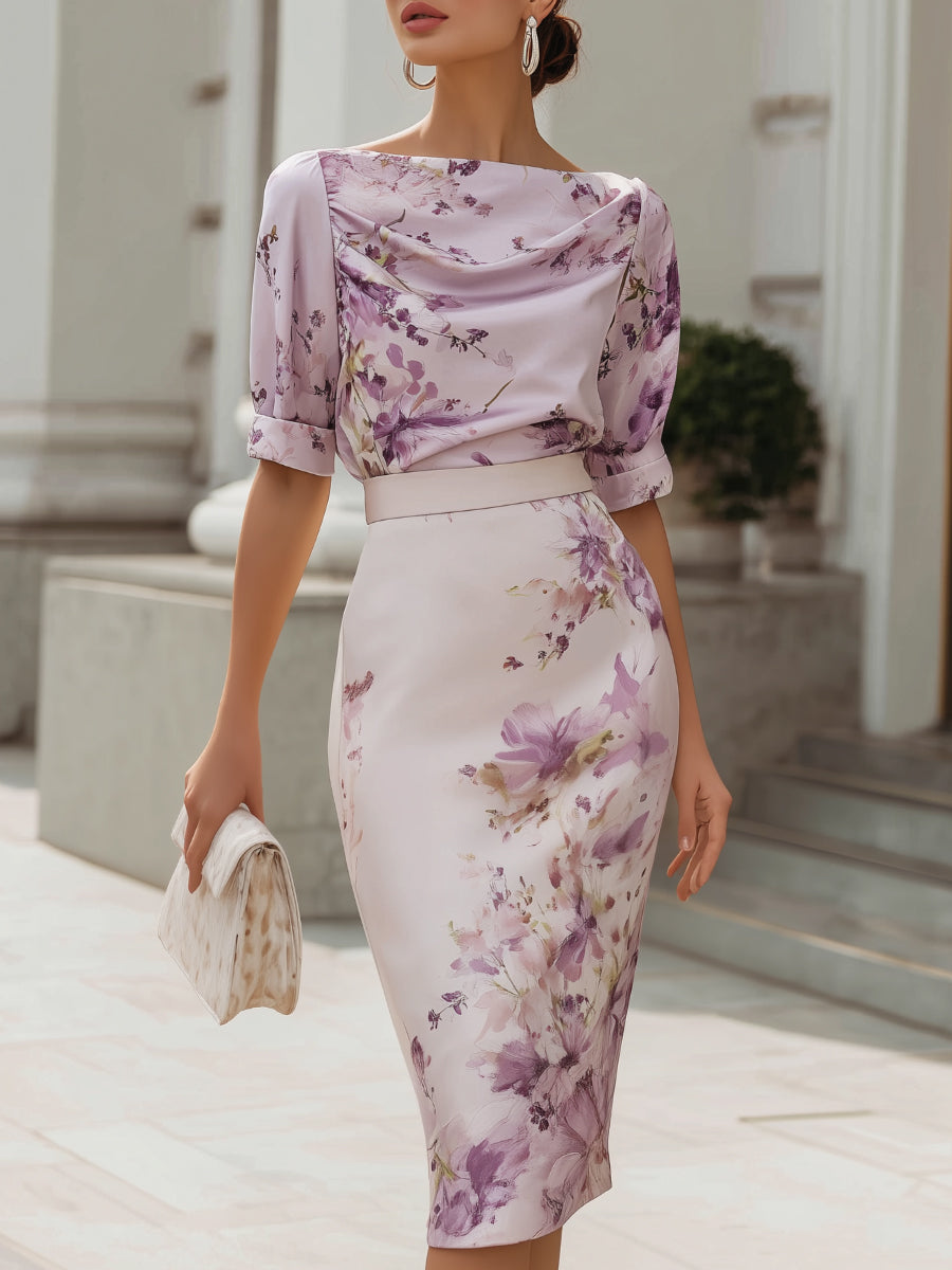Floral Print Cowl Neck Midi Sheath Dress With Waist Belt