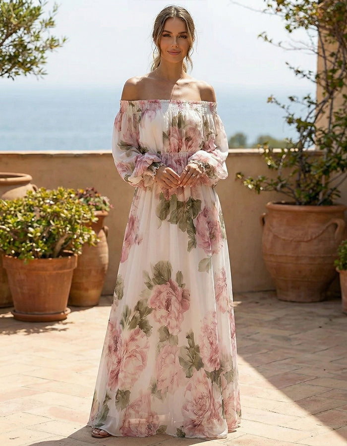Off-Shoulder Floral Print Chiffon Maxi Dress