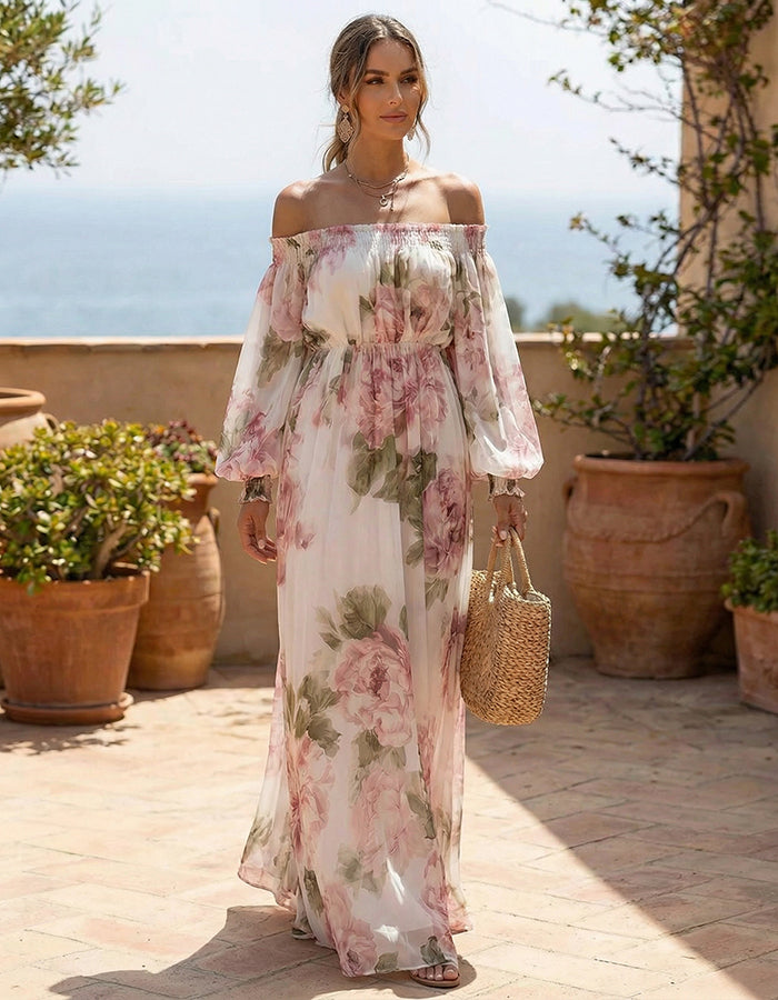 Off-Shoulder Floral Print Chiffon Maxi Dress