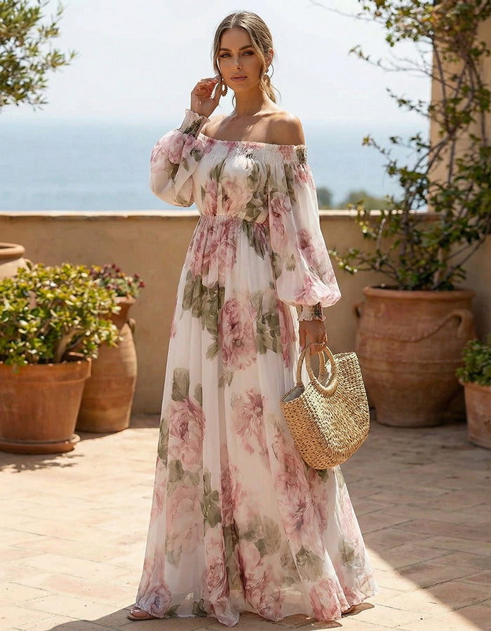 Off-Shoulder Floral Print Chiffon Maxi Dress