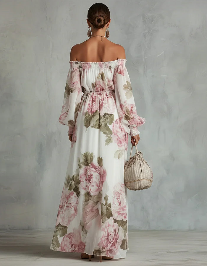 Off-Shoulder Floral Print Chiffon Maxi Dress