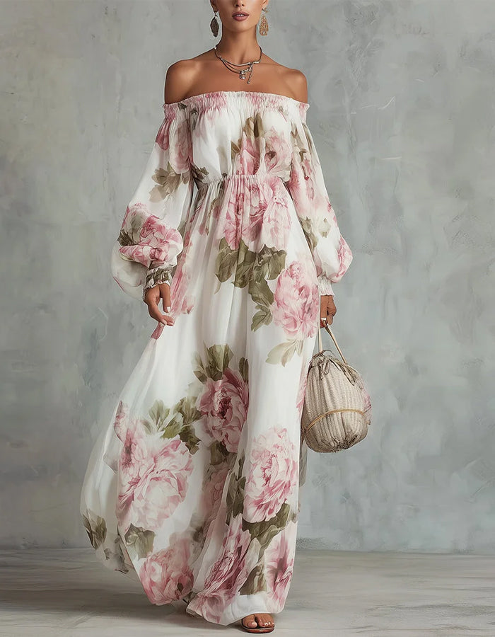 Off-Shoulder Floral Print Chiffon Maxi Dress