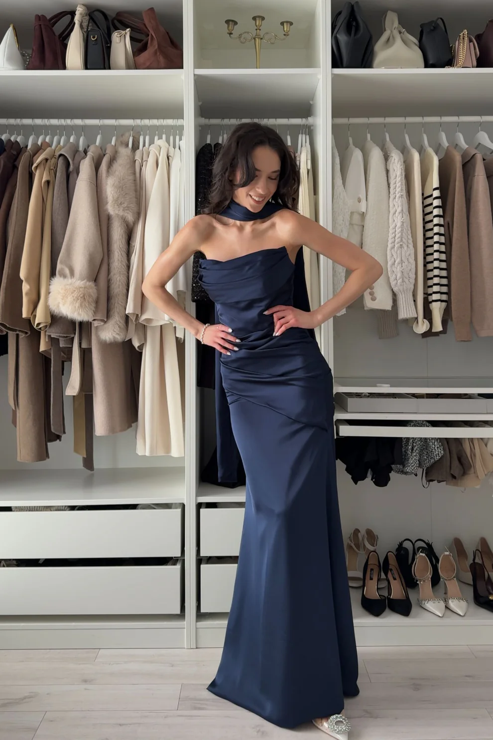 Trumpet-Mermaid Sweep-Brush Train Luxe Satin Wedding Guest Dress