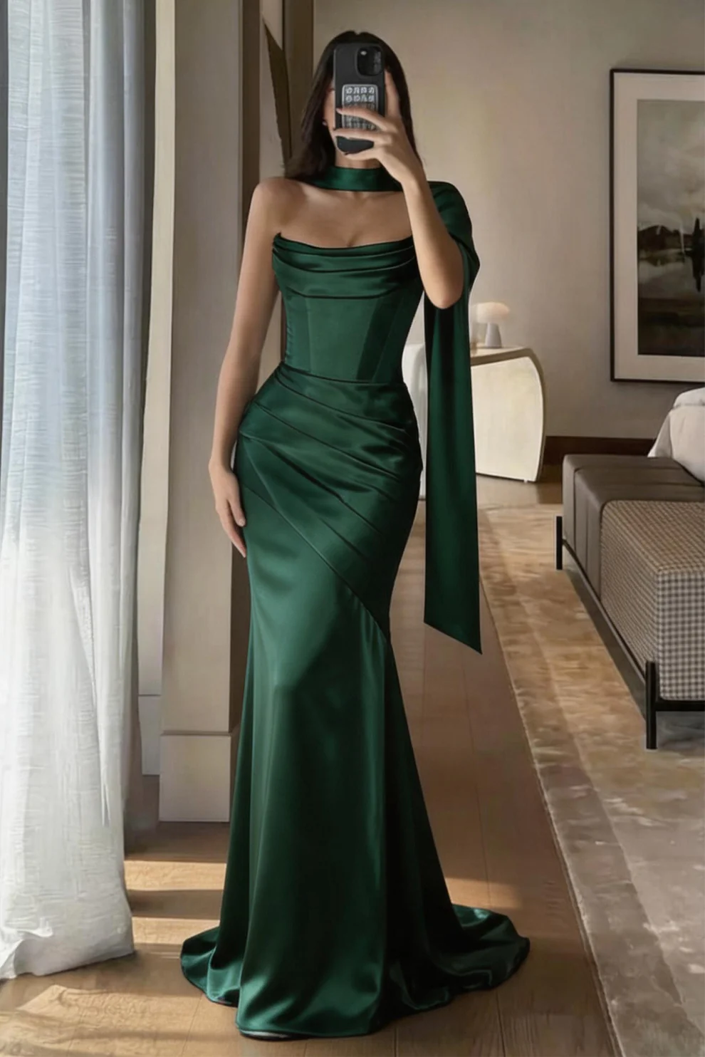 Trumpet-Mermaid Sweep-Brush Train Luxe Satin Wedding Guest Dress
