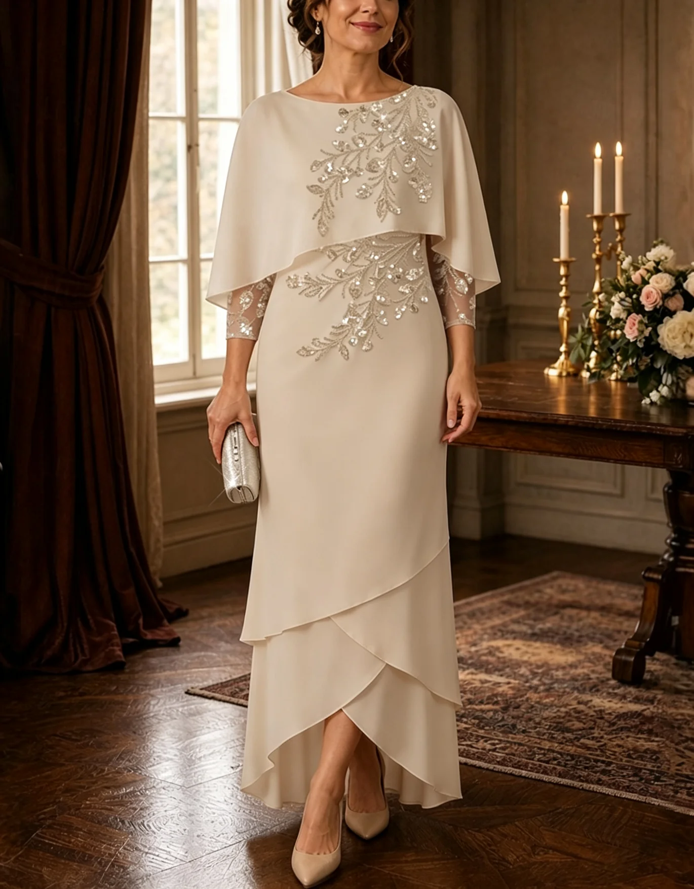 Embellished Capelet Layered Chiffon Evening Gown