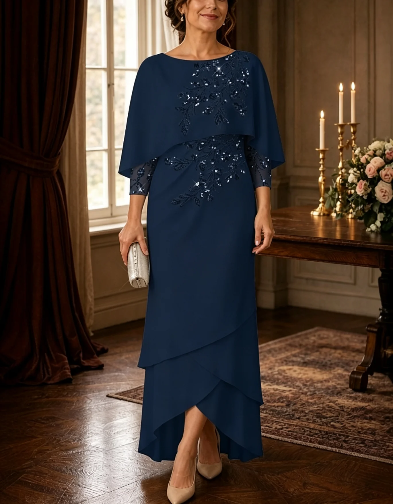 Embellished Capelet Layered Chiffon Evening Gown