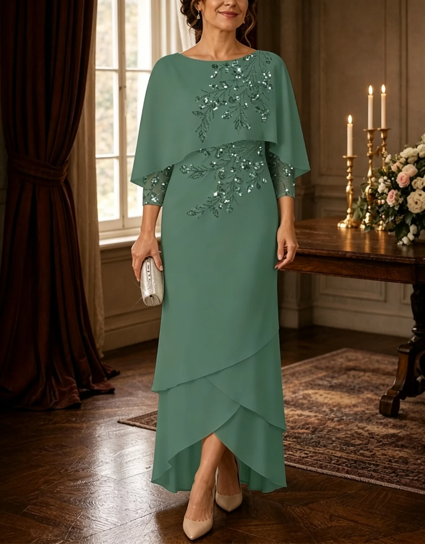 Embellished Capelet Layered Chiffon Evening Gown