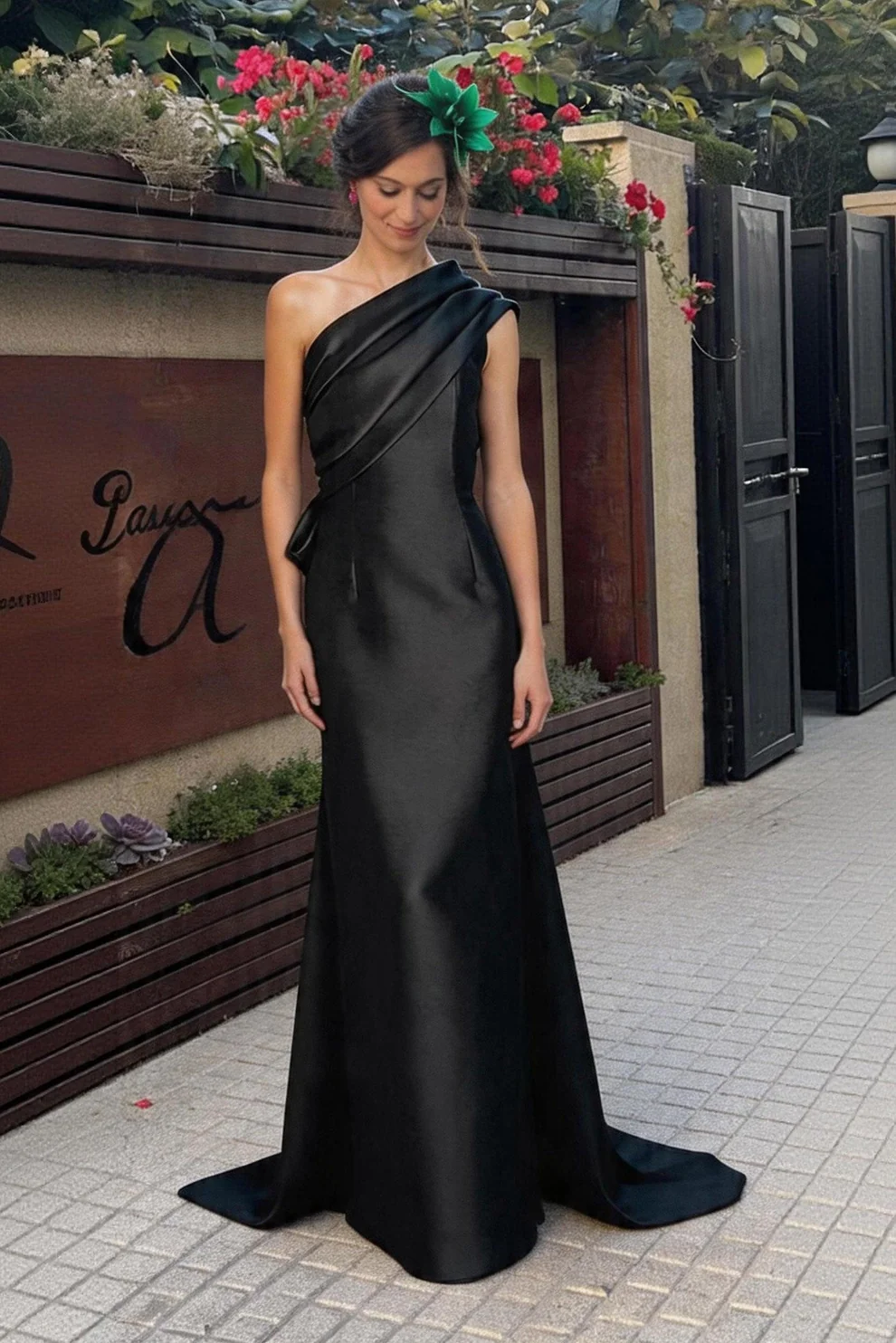 One Shoulder Draped Satin Floor Length Evening Dress