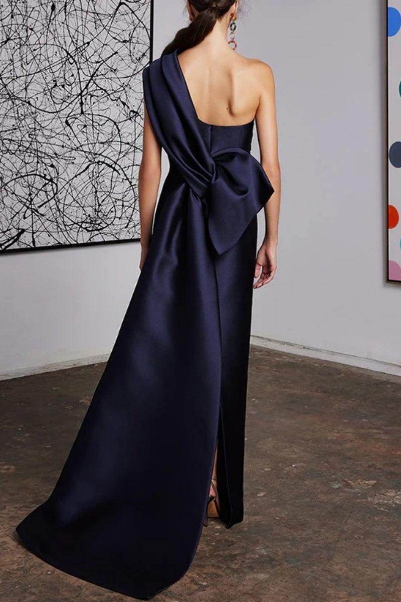 One Shoulder Draped Satin Floor Length Evening Dress