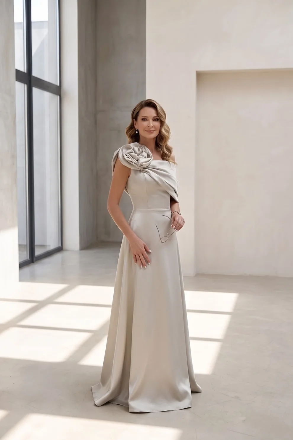 One-Shoulder Draped Satin Long Evening Dress With Flower Accent