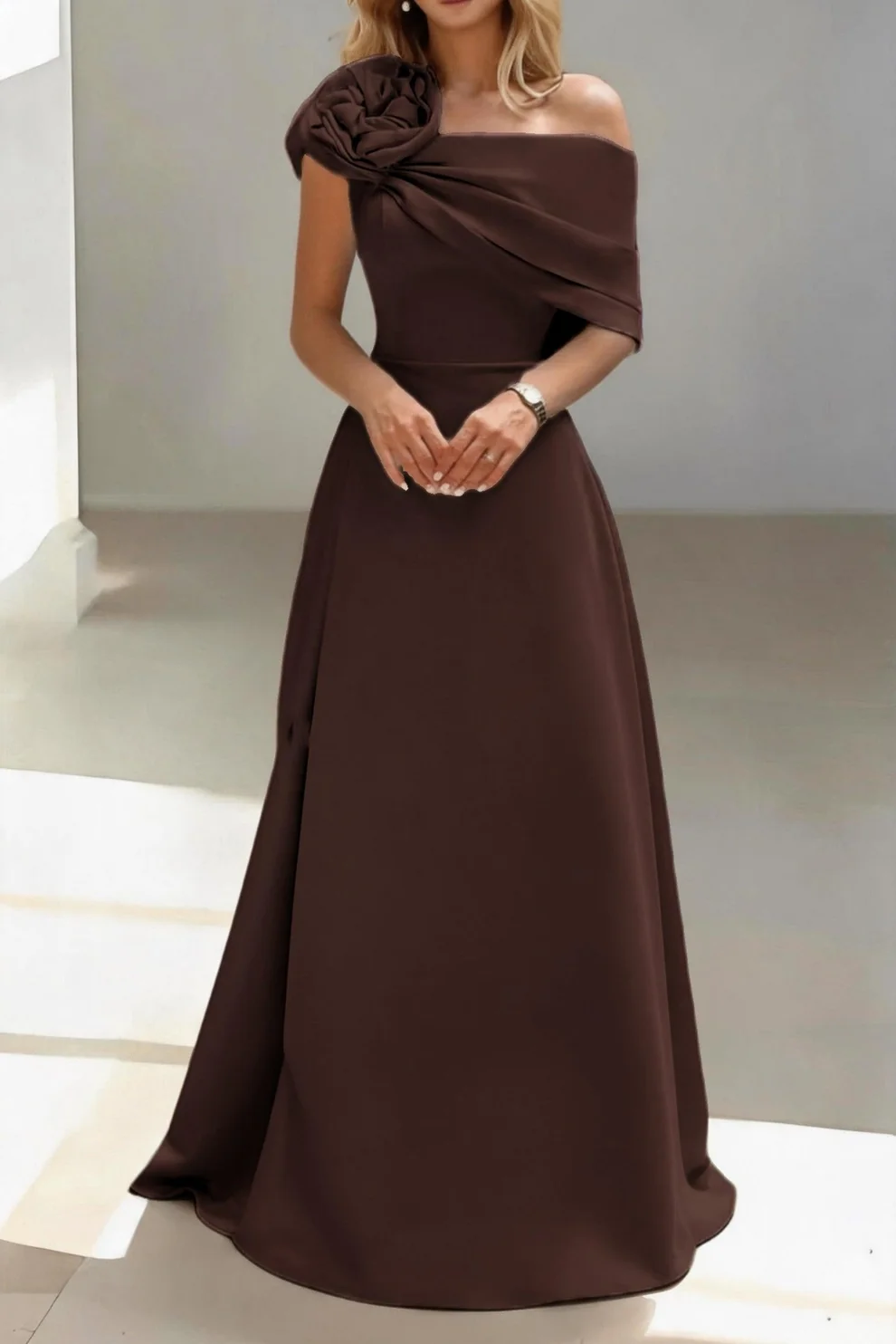 One-Shoulder Draped Satin Long Evening Dress With Flower Accent