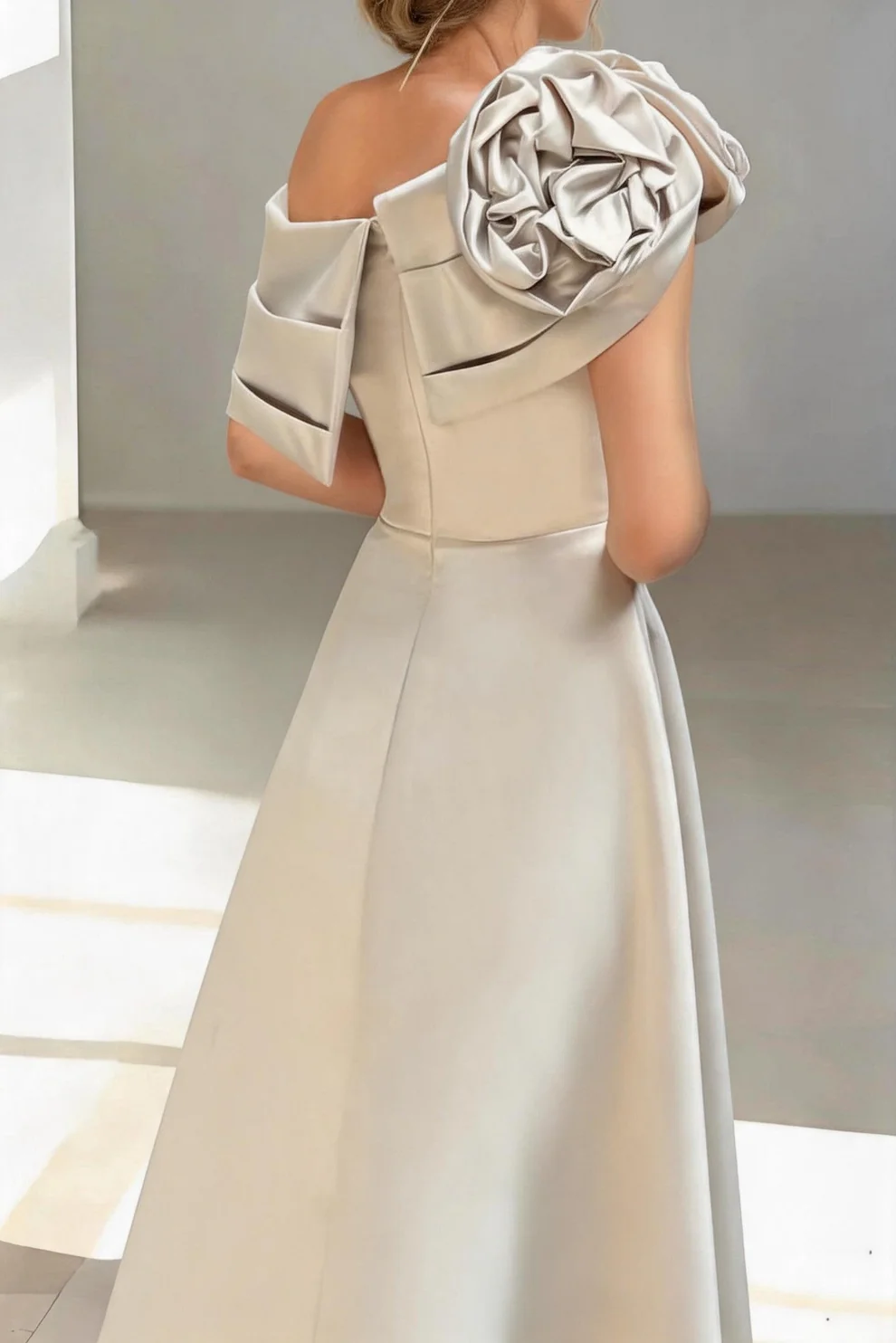 One-Shoulder Draped Satin Long Evening Dress With Flower Accent