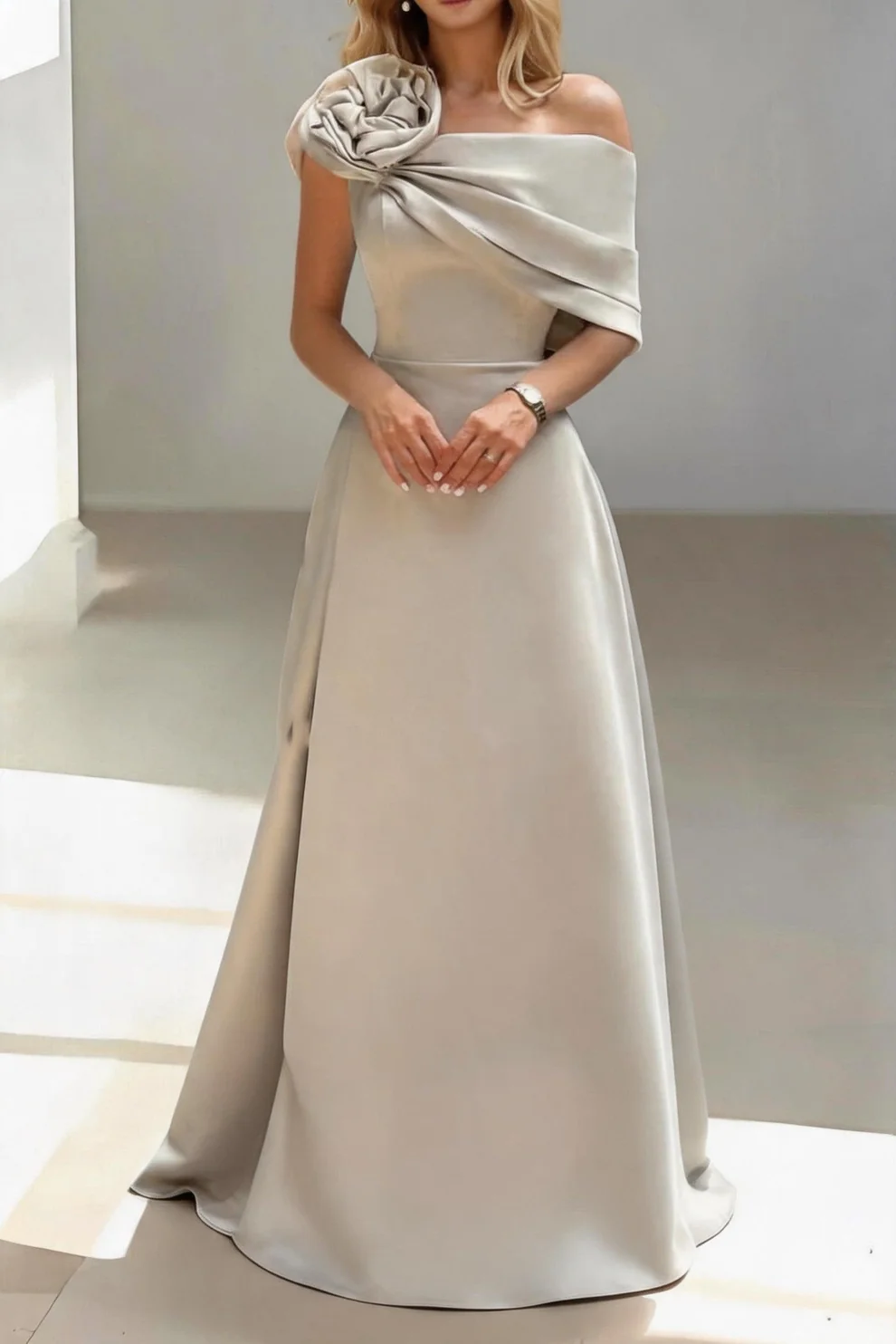 One-Shoulder Draped Satin Long Evening Dress With Flower Accent