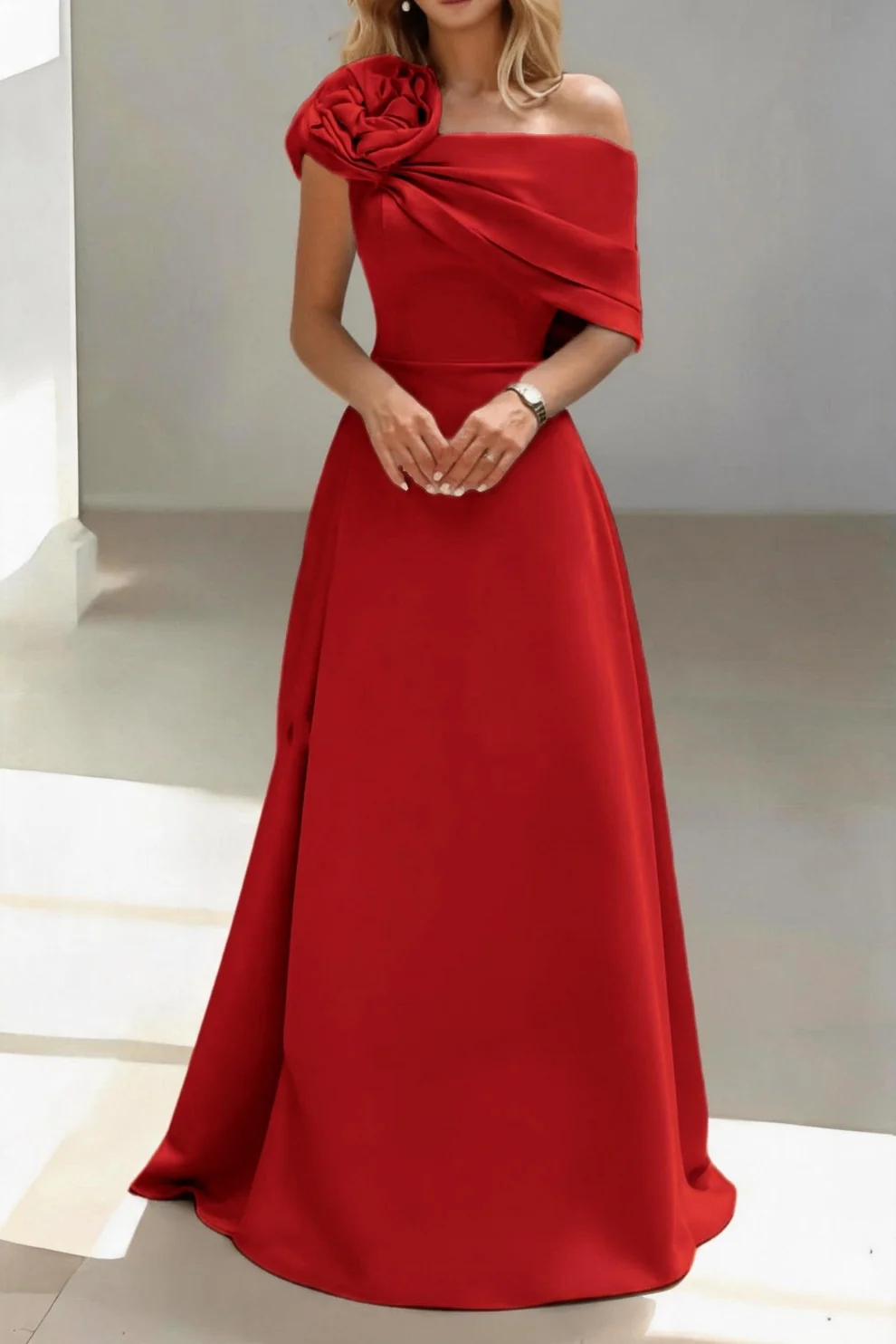 One-Shoulder Draped Satin Long Evening Dress With Flower Accent