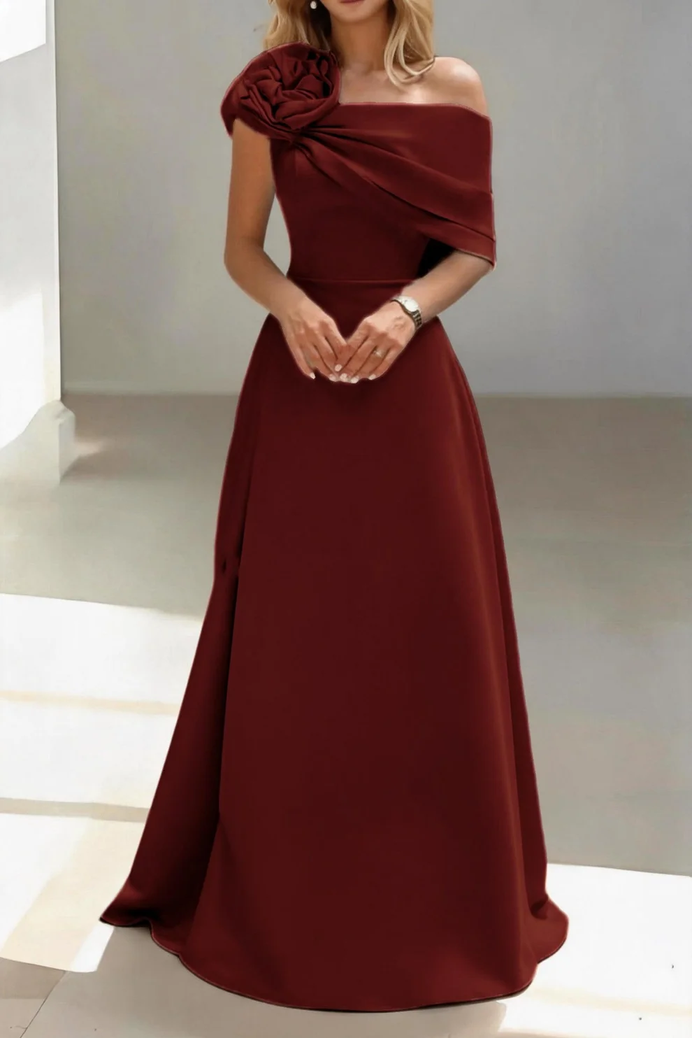 One-Shoulder Draped Satin Long Evening Dress With Flower Accent