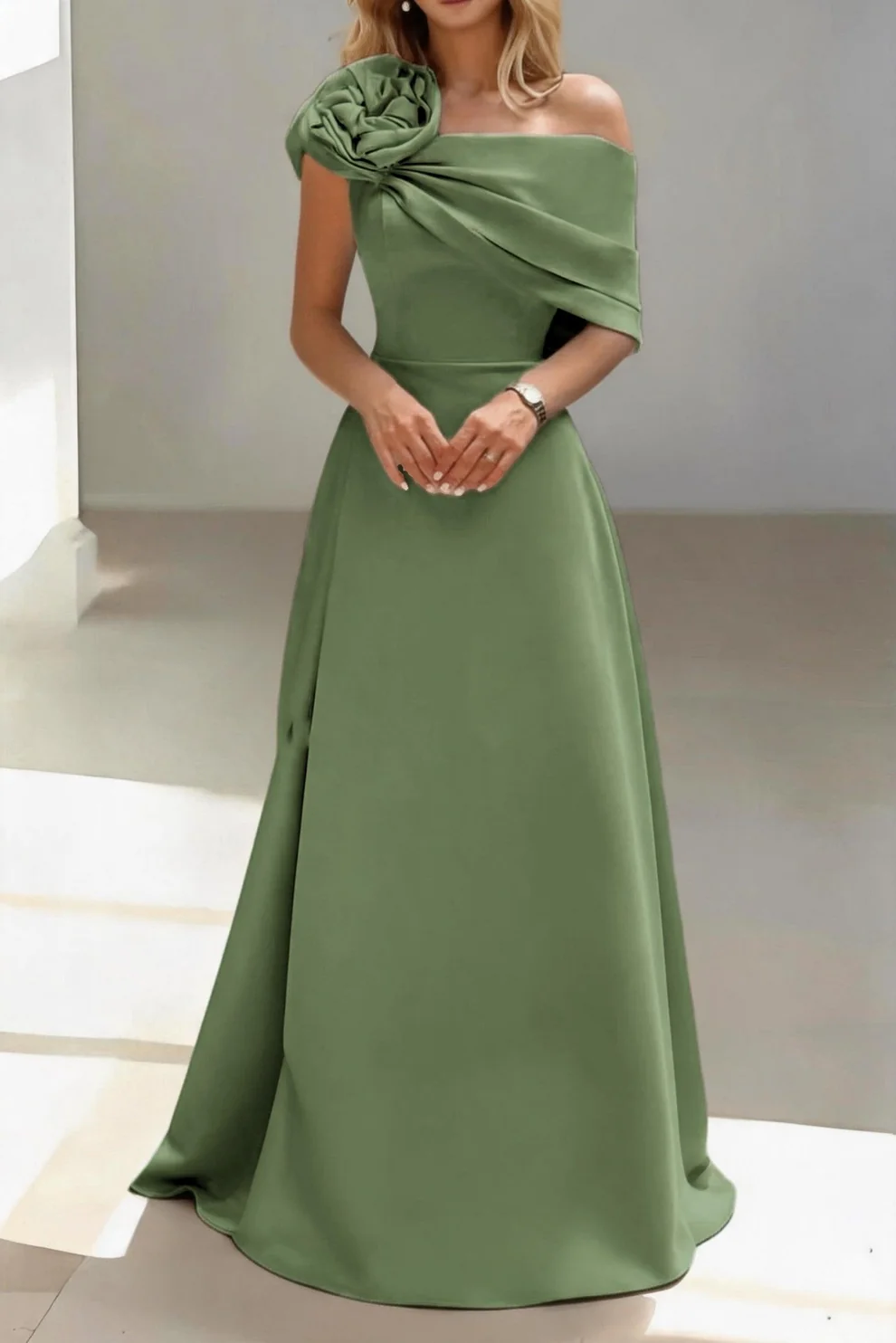 One-Shoulder Draped Satin Long Evening Dress With Flower Accent