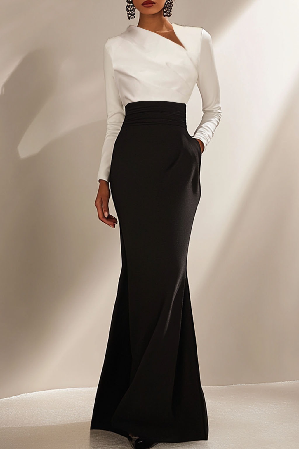 Evening Formal Elegant Dress Black White Long Sleeve Maxi Dress