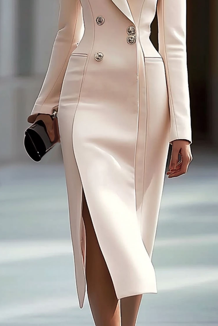 Work Blazer Dress White Lapel Slit Long Sleeve Midi Dress