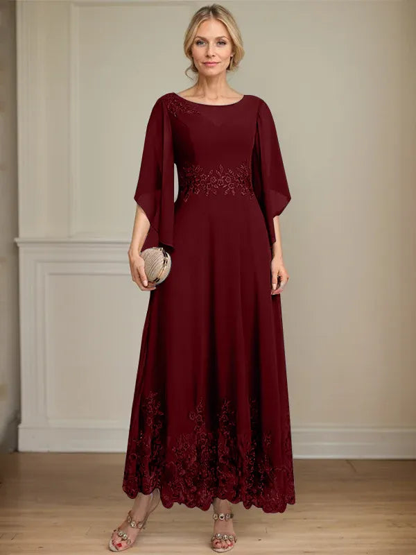 A-line Scoop Illusion Ankle-Length Lace Chiffon Mother of the Bride Dress With Sequins