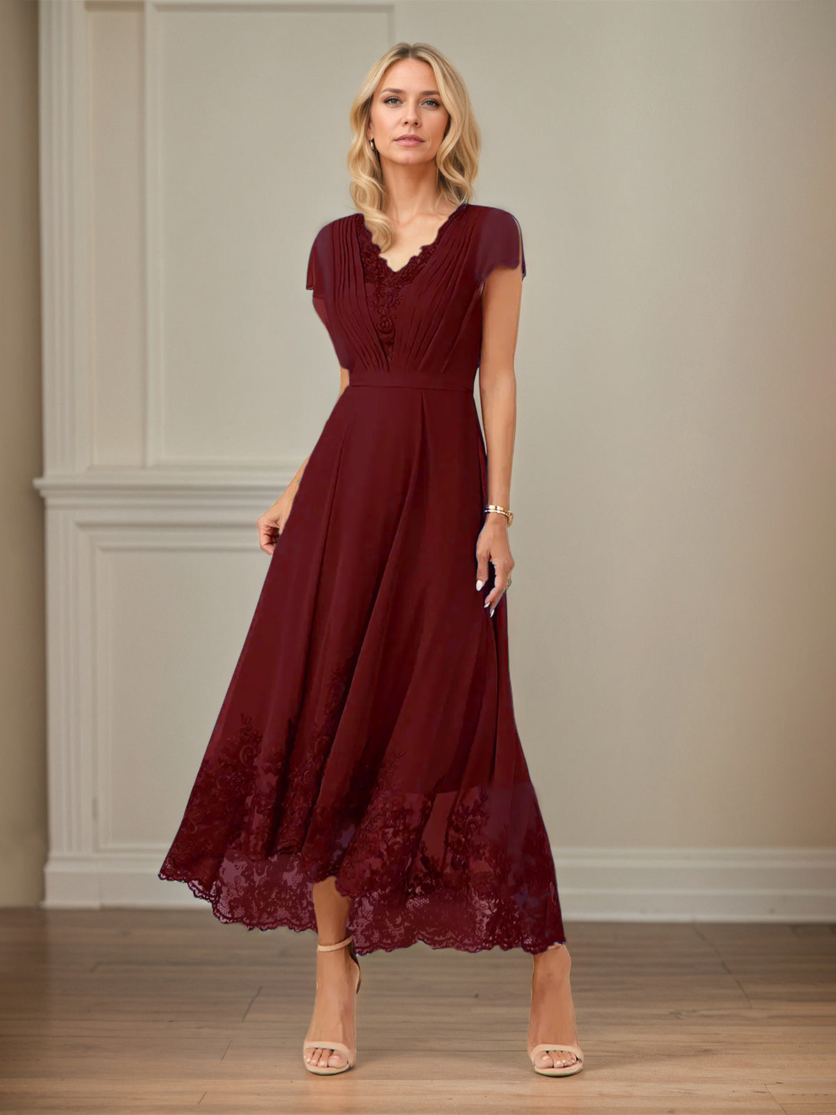 A Line V Neck Flutter Sleeve Ankle Length Chiffon Dress With Appliques