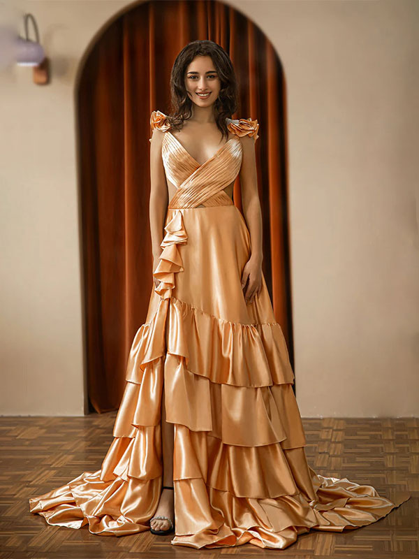 Red A Line V-Neck Ruffle Prom Dress with Slit