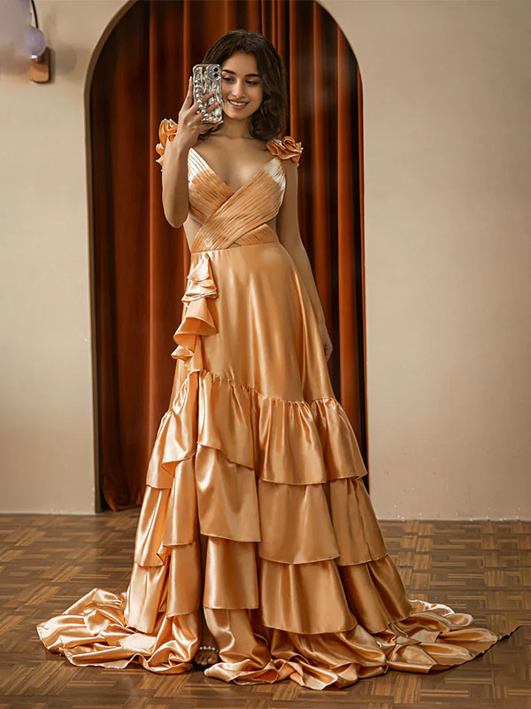 Red A Line V-Neck Ruffle Prom Dress with Slit