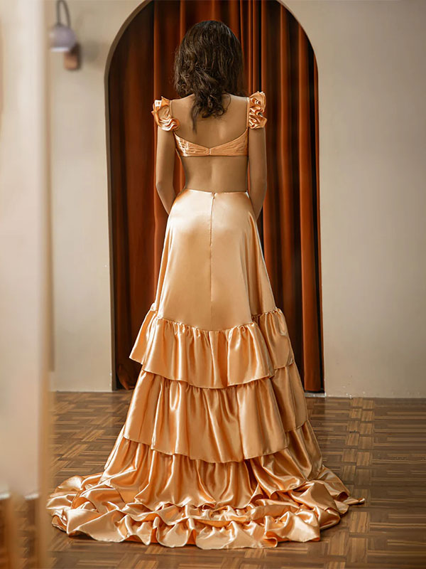 Red A Line V-Neck Ruffle Prom Dress with Slit