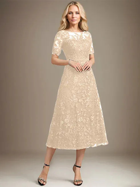 A-line Scoop Illusion Tea-Length Lace Mother of the Bride Dress With Sequins