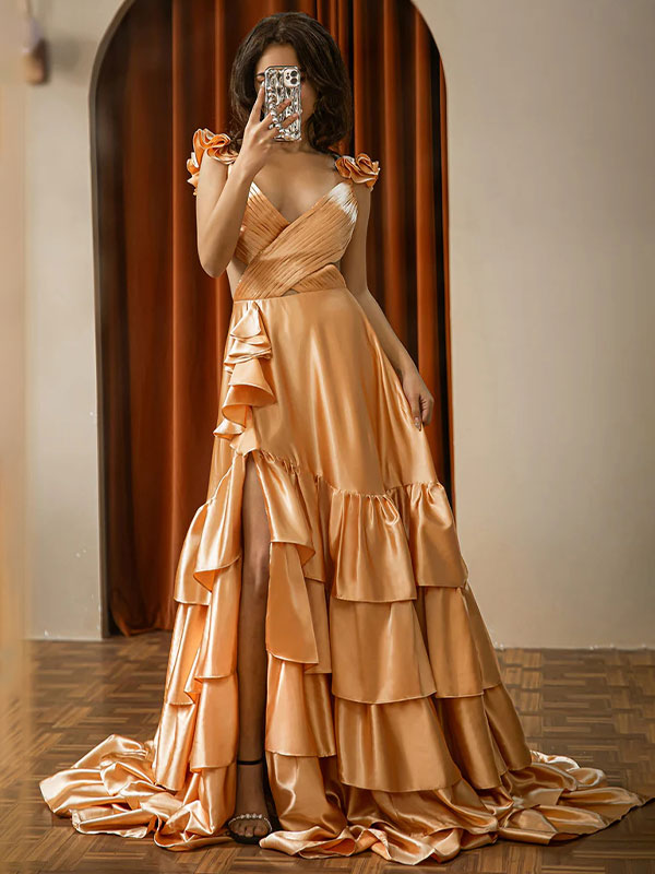 Red A Line V-Neck Ruffle Prom Dress with Slit