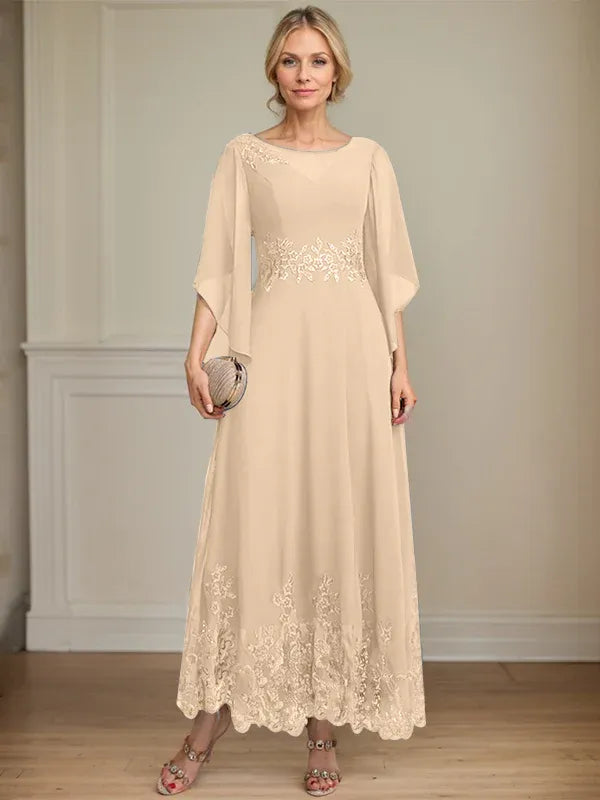A-line Scoop Illusion Ankle-Length Lace Chiffon Mother of the Bride Dress With Sequins