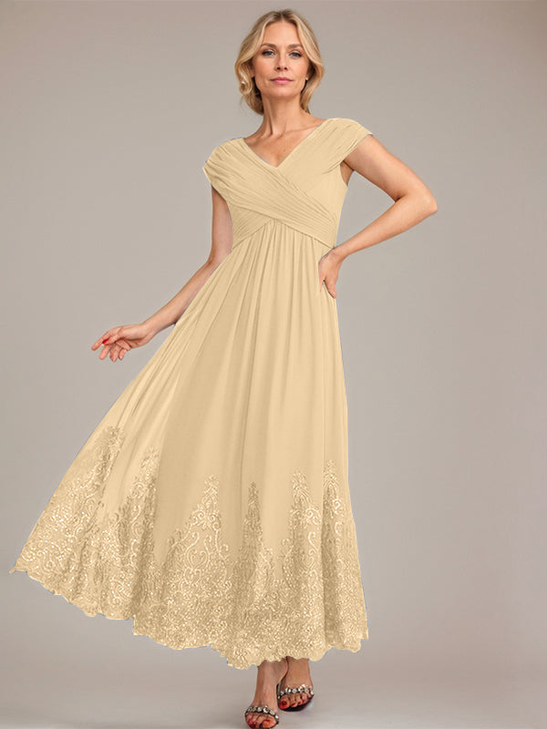 A-line V-Neck Ankle-Length Chiffon Mother of the Bride Dress With Applique Sequins