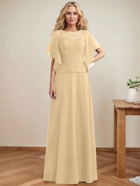 A-line Scoop Illusion Floor-Length Lace Chiffon Mother of the Bride Dress With Sequins