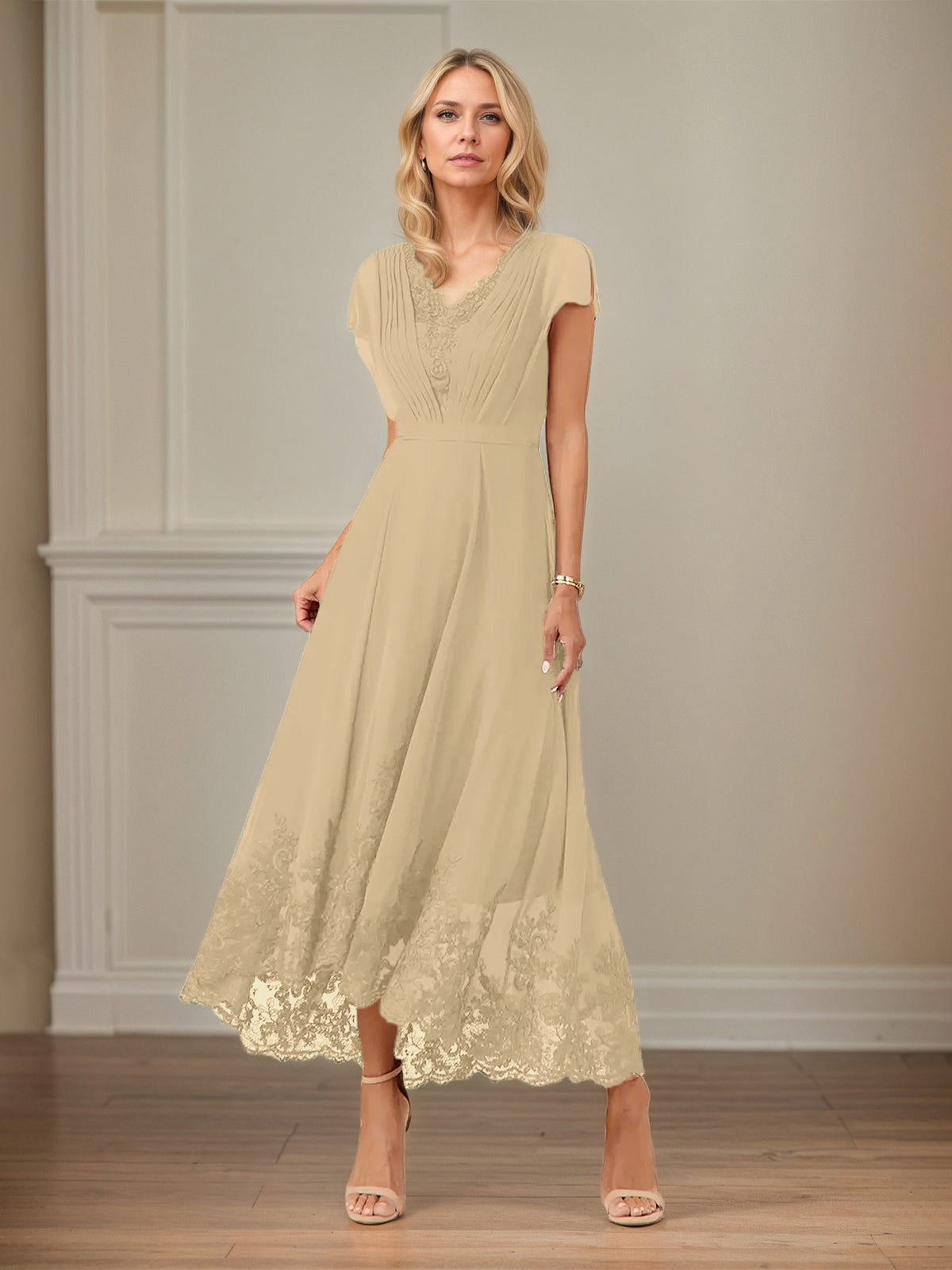 A Line V Neck Flutter Sleeve Ankle Length Chiffon Dress With Appliques