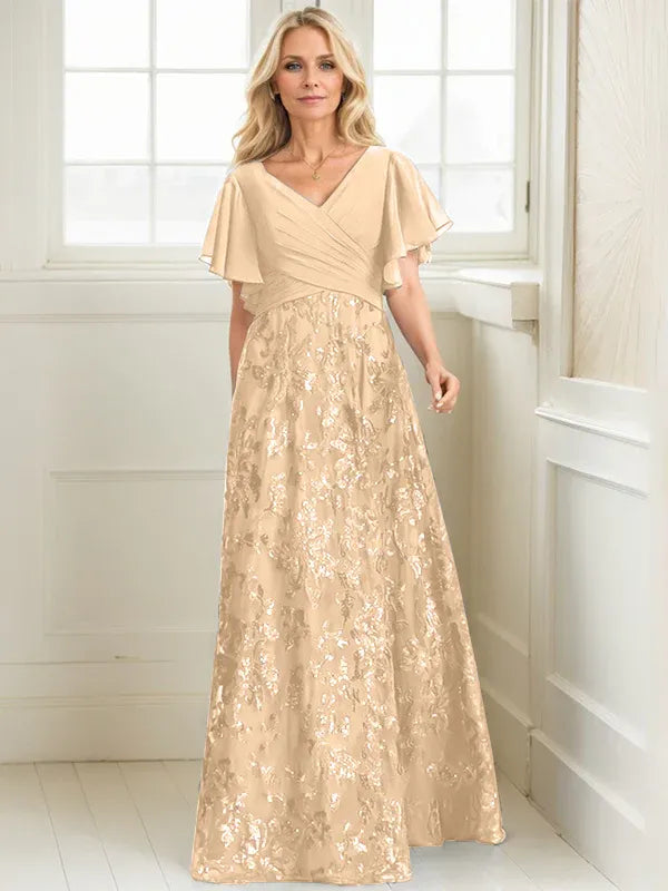A-line V-Neck Floor-Length Lace Sequin Chiffon Mother of the Bride Dress With Pleated