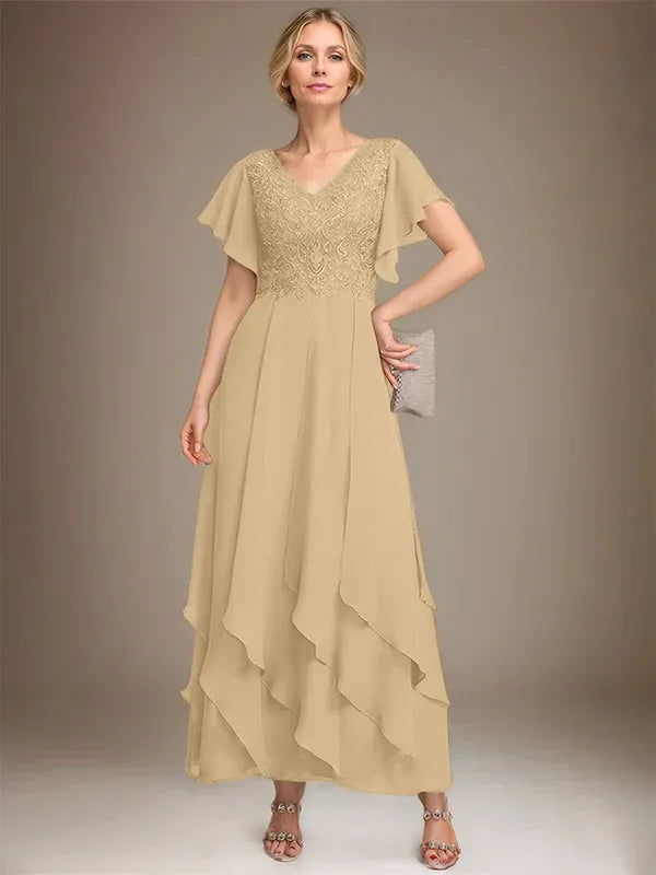 A-line V-Neck Ankle-Length Lace Chiffon Mother of the Bride Dress With Cascading Ruffles