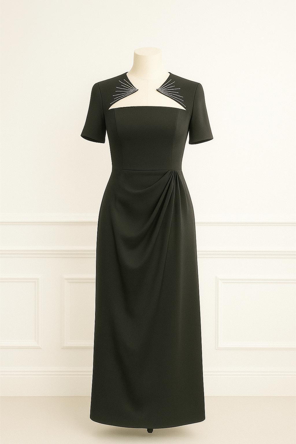 Black Ruched Hot Drilling Classic Crew Neck Short Sleeve A-Line Midi Dress