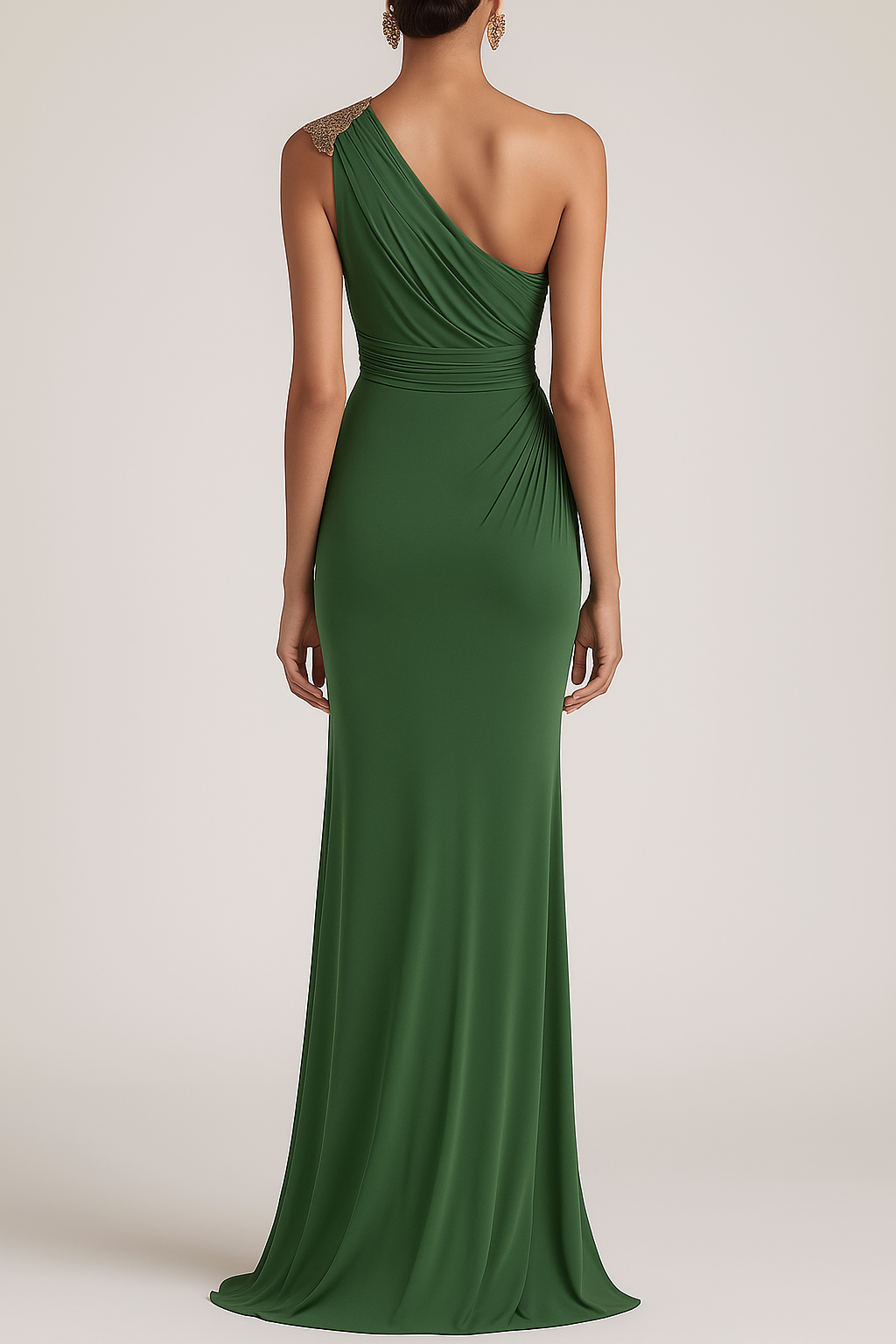 Formal Evening Dress Green One-Shoulder Ruched Floor-Length Dress