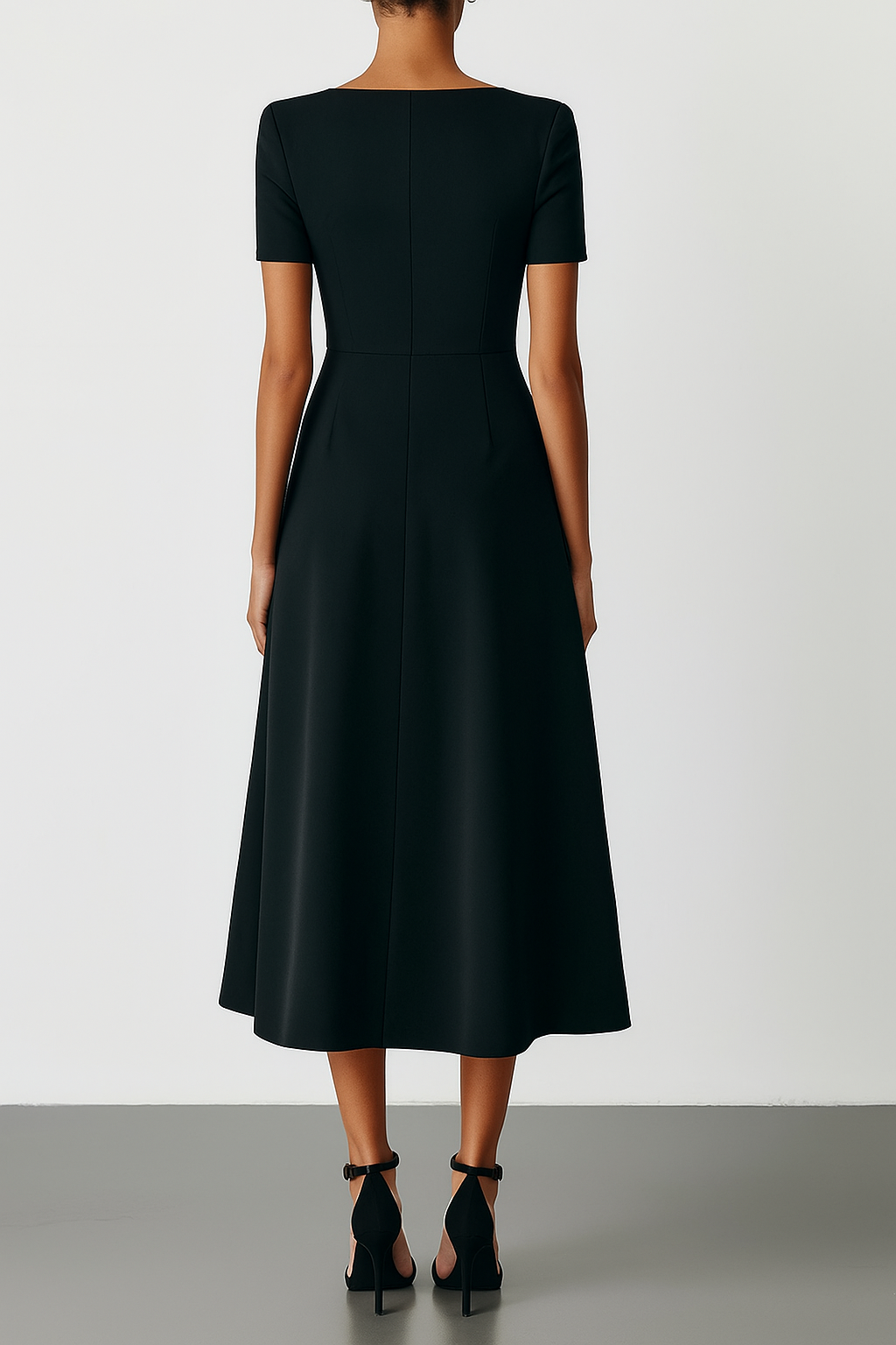 Black Ruched Hot Drilling Classic Crew Neck Short Sleeve A-Line Midi Dress