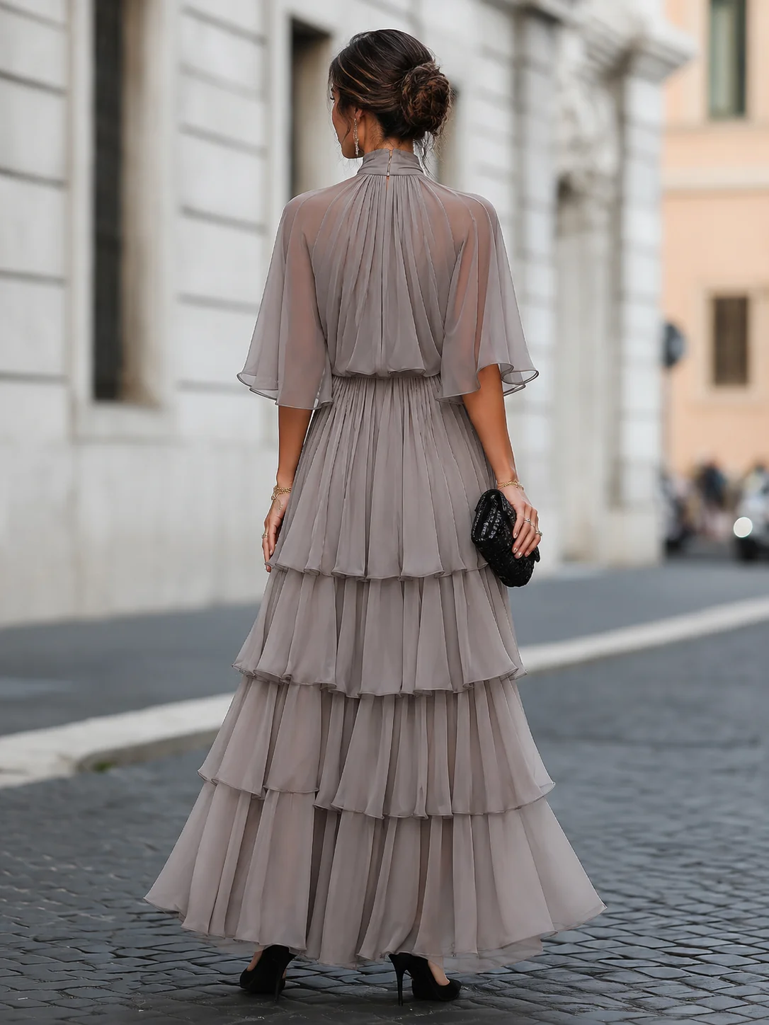 Mock Neck Layered Capelet Ruffled Tiered Chiffon Maxi Dress