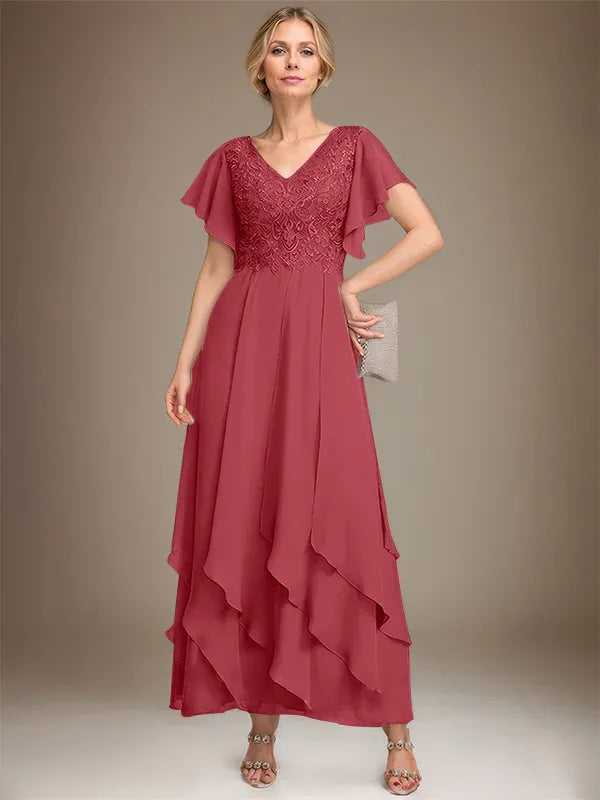 A-line V-Neck Ankle-Length Lace Chiffon Mother of the Bride Dress With Cascading Ruffles