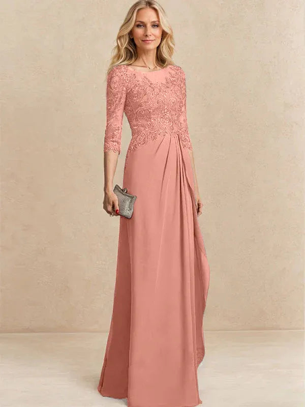 A-line Scoop Illusion Floor-Length Chiffon Lace Mother of the Bride Dress With Beading Sequins Cascading Ruffles