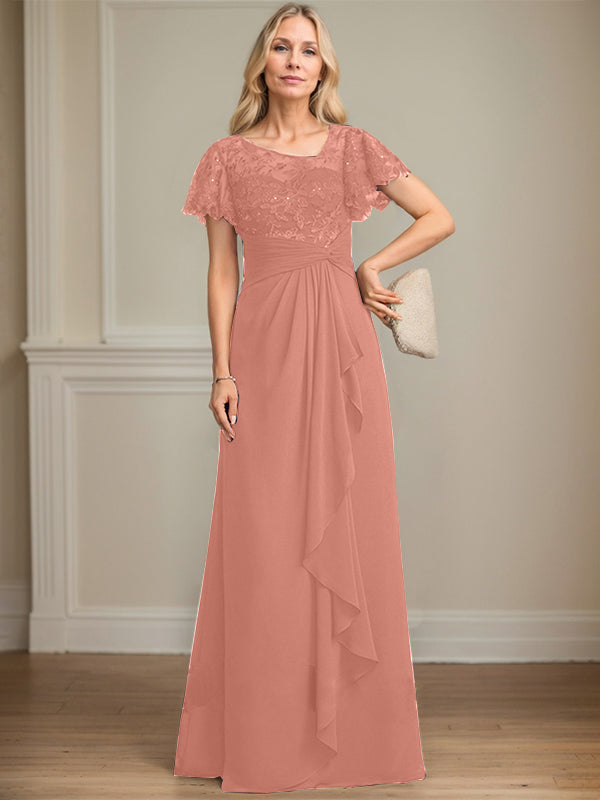 A-line Asymmetrical Illusion Floor-Length Lace Chiffon Mother of the Bride Dress With Cascading Ruffles Sequins