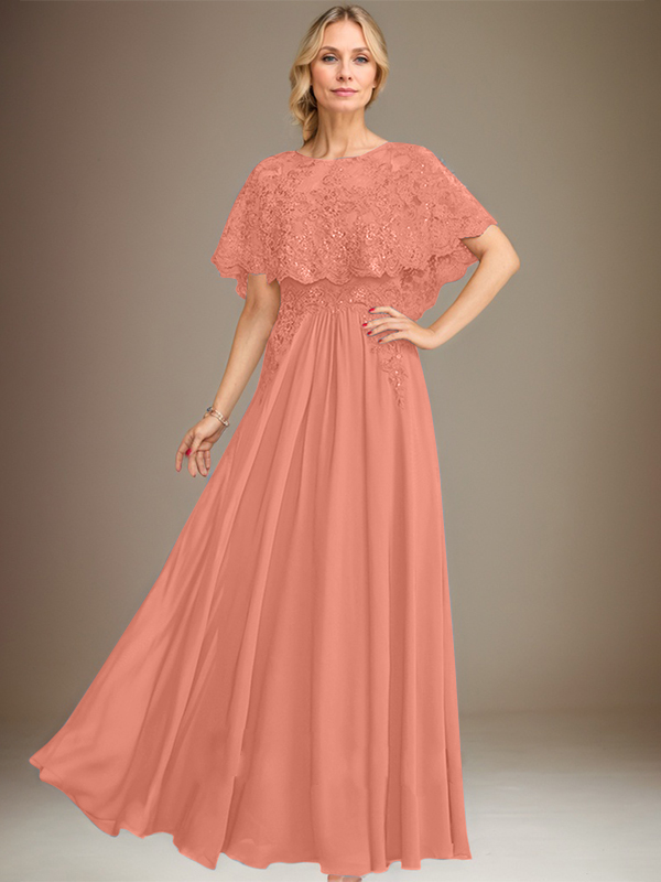 A-line Boat Neck Floor-Length Lace Chiffon Mother of the Bride Dress With Applique Sequins