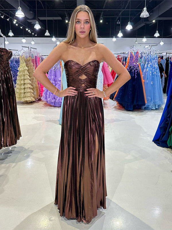 Yellow A Line Strapless Sweetheart Pleated Prom Dress with High Slit